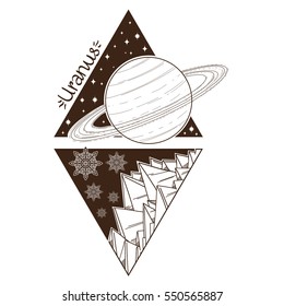 Uranus. Planets and stars of Solar system. Symbols for astronomy and astrology. Stylized characters in the form of a triangle on a white background. Coloring page.