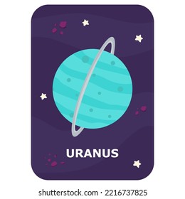 Uranus. Vector Space flash card. English language game with cute astronaut, rocket, planet, comet, alien for kids. Astronomy flashcards with funny characters. Simple educational printable worksheet.