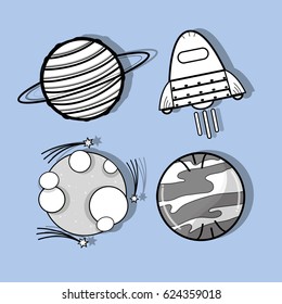 uranus, venus, moon and rocket in the space