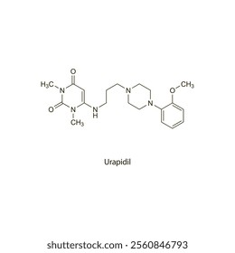 Urapidil flat skeletal molecular structure Alpha blocker drug used in hypertension treatment. Vector illustration scientific diagram.