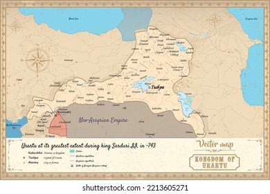 Mapa Urartu en el estilo antiguo, gráficos marrones en estilo retro de fantasía