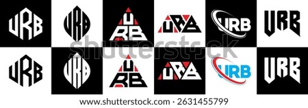 URB letter logo design in six style. URB polygon, circle, triangle, hexagon, flat and simple style with black and white color variation letter logo set in one artboard. URB minimalist and classic logo