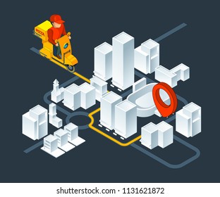 Urban 3d Map Navigation. Isometric Map With Delivery Pizza Navigation Route. Map City Route Gps Navigation For Transportation. Vector Illustration