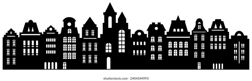 Antecedentes del resumen urbano. El conjunto de casas de estilo Ámsterdam. Silueta de corte láser. Fachadas estilizadas de edificios con vistas europeas antiguas. 