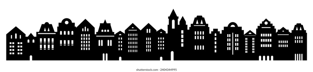 Antecedentes del resumen urbano. El conjunto de casas de estilo Ámsterdam. Silueta de corte láser. Fachadas estilizadas de edificios con vistas europeas antiguas. 