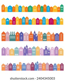 Urban Abstract background. Set of Amsterdam style houses. Stylized facades of buildings in old European view. 