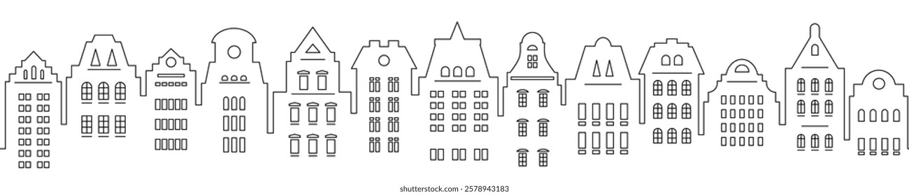 Urban abstract background. Set of Amsterdam style houses. Seamless border. Stylized facades of buildings in old European view.
