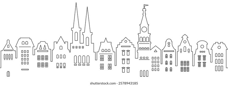 Urban abstract background. Set of Amsterdam style houses. Seamless border. Stylized facades of buildings in old European view.
