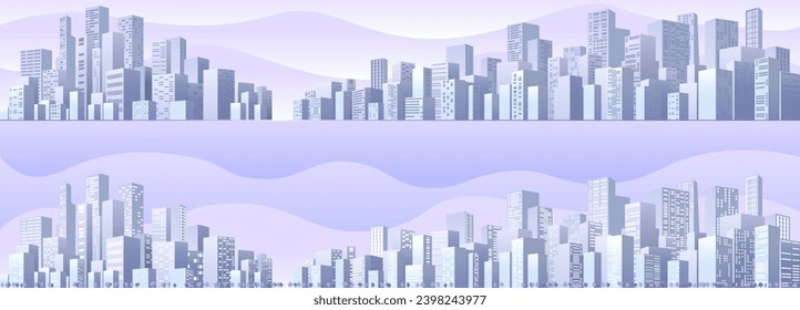 Urban Abstract of business district. Horizontal banner, background cityscape. City buildings panorama in frat style, header images for web. Vector illustration simple geometric