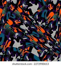 Urban abstract seamless pattern with colorful wave shapes and grunge spots