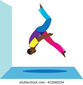 urban acrobat performs on the roof of a back flip