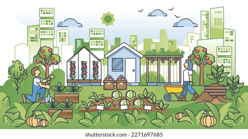 Urban agriculture and ecological city gardening community outline concept. Harvest planted vegetables and greens as local food from personal garden vector illustration. Sustainable farm lifestyle.