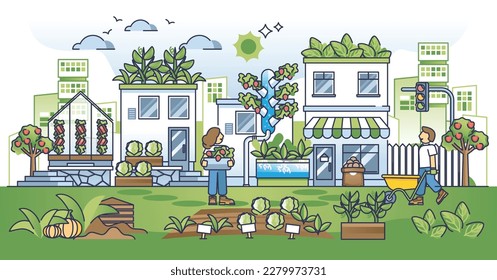 La agricultura urbana con la cosecha de alimentos en el entorno urbano es el concepto de esquema. Agricultura verde y sustentable con verduras cultivadas para la ilustración de vectores alimentados. Estilo de vida orgánico con alimentos cultivados.