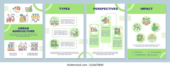 Urban agriculture green brochure template. Cultivating food. Leaflet design with linear icons. 4 vector layouts for presentation, annual reports. Arial-Black, Myriad Pro-Regular fonts used