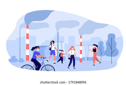 Urban air pollution. People wearing masks walking past smoking industrial plant pipes. Vector illustration for smog, dust emissions, bad environment, coronavirus concept