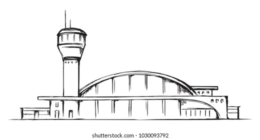 Urban airfield port observation house on white field. Freehand outline black hand drawn jet avia trip aerodrome gate design logo sketchy in modern doodle cartoon style pen on paper with space for text