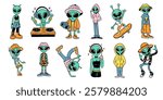 Urban alien character set. Alien vector element bundle, t-shirt design, sticker packs, object. Cool cartoon collection