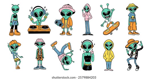 Urban alien character set. Alien vector element bundle, t-shirt design, sticker packs, object. Cool cartoon collection