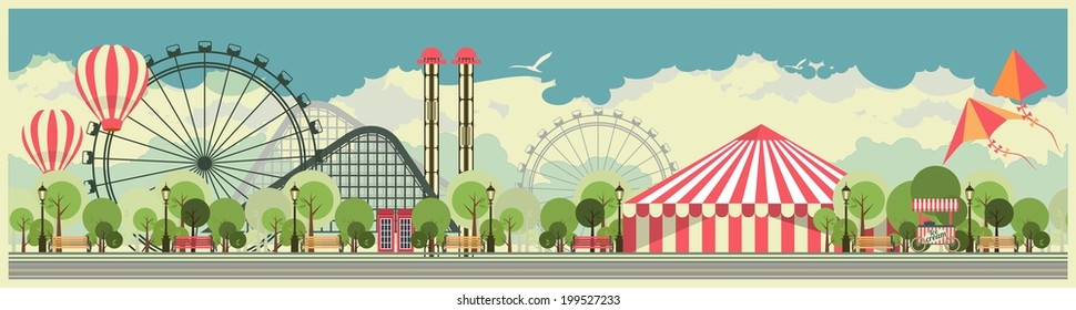 urban amusement park circus tent roundabouts in the sky kites and balloons for large format printing 