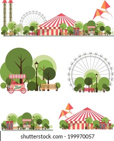 urban amusement park circus tent roundabouts in the sky kites and balloons for large format  printing on white and transparent background consist of several compositions