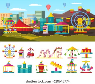 Urban amusement park concept with ticket window street food store different attractions and carousels isolated vector illustration
