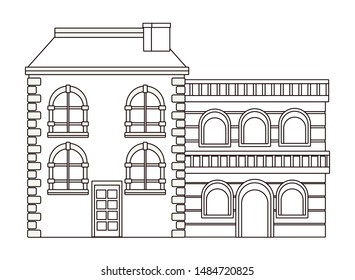 Urban antique edifice building with wooden house real estates in black and white vector illustration graphic design.