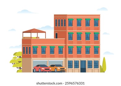 Urban apartment or tenement house. Vector illustration in flat style. Industrial era architecture with rooftop and canopy