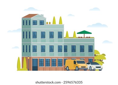Urban apartment or tenement house. Vector illustration in flat style. Industrial era architecture with rooftop and canopy