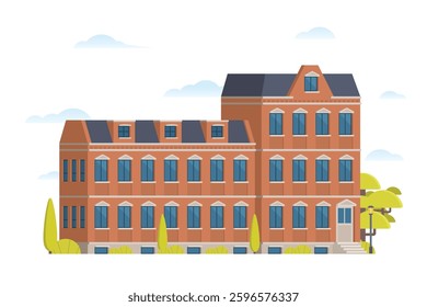 Urban apartment or tenement house. Vector illustration in flat style. Industrial era architecture with rooftop and canopy
