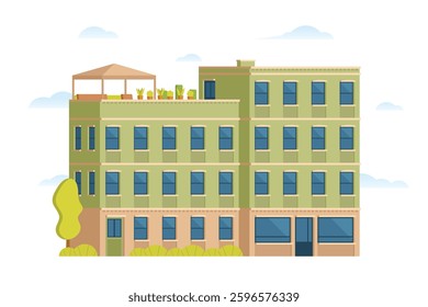 Urban apartment or tenement house. Vector illustration in flat style. Industrial era architecture with rooftop and canopy