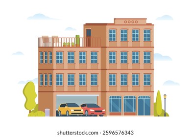 Urban apartment or tenement house. Vector illustration in flat style. Industrial era architecture with rooftop and canopy