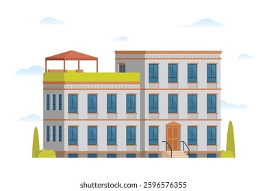 Urban apartment or tenement house. Vector illustration in flat style. Industrial era architecture with rooftop and canopy
