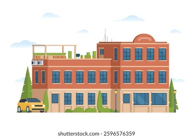 Urban apartment or tenement house. Vector illustration in flat style. Industrial era architecture with rooftop and canopy