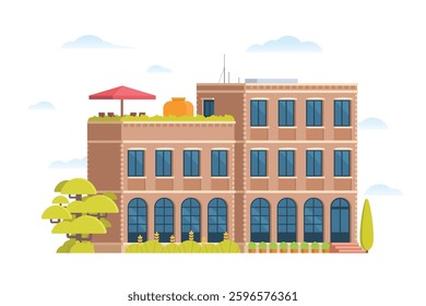 Urban apartment or tenement house. Vector illustration in flat style. Industrial era architecture with rooftop and canopy