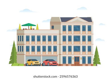 Urban apartment or tenement house. Vector illustration in flat style. Industrial era architecture with rooftop and canopy