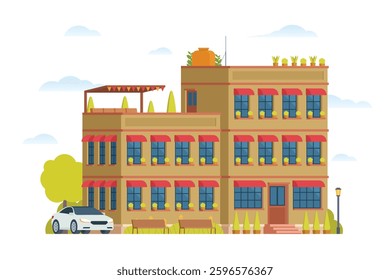 Urban apartment or tenement house. Vector illustration in flat style. Industrial era architecture with rooftop and canopy