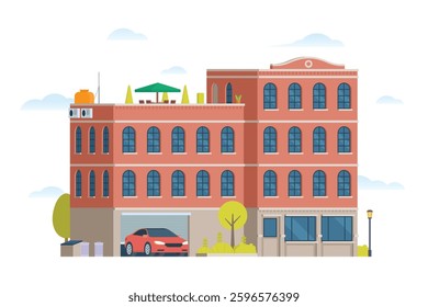 Urban apartment or tenement house. Vector illustration in flat style. Industrial era architecture with rooftop and canopy