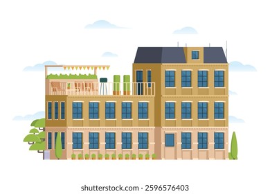 Urban apartment or tenement house. Vector illustration in flat style. Industrial era architecture with rooftop and canopy