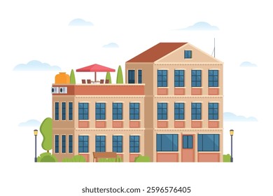 Urban apartment or tenement house. Vector illustration in flat style. Industrial era architecture with rooftop and canopy