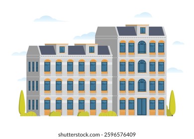Urban apartment or tenement house. Vector illustration in flat style. Industrial era architecture with rooftop and canopy