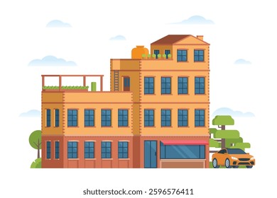 Urban apartment or tenement house. Vector illustration in flat style. Industrial era architecture with rooftop and canopy
