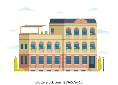 Urban apartment or tenement house. Vector illustration in flat style. Industrial era architecture with rooftop and canopy