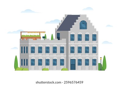 Urban apartment or tenement house. Vector illustration in flat style. Industrial era architecture with rooftop and canopy