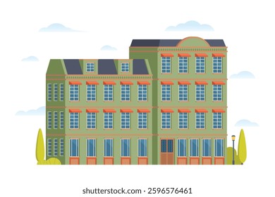 Urban apartment or tenement house. Vector illustration in flat style. Industrial era architecture with rooftop and canopy