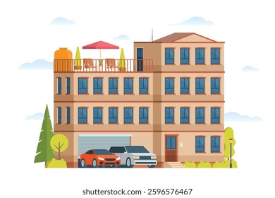 Urban apartment or tenement house. Vector illustration in flat style. Industrial era architecture with rooftop and canopy