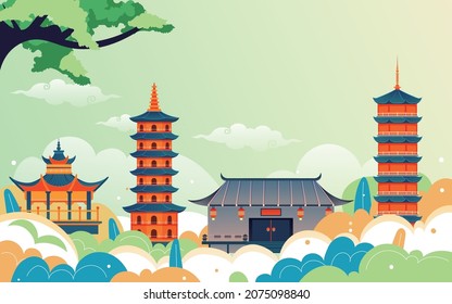 Urban architecture Chinese style tourist attractions illustration holiday travel background