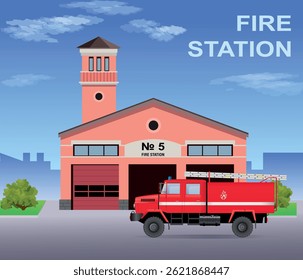 Urban architecture. Fire station poster. Vector art illustration