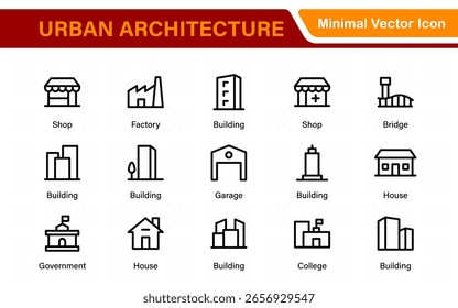 Urban Architecture Icons – Solid building set featuring house, office, bank, school, hotel, shop, university and hospital. Clean, scalable vector designs.