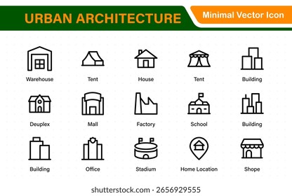 Urban Architecture Icons – Solid building set featuring house, office, bank, school, hotel, shop, university and hospital. Clean, scalable vector designs.