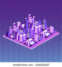 Urban architecture intelligence area with streets, houses. The landscape of urban infrastructure. Neon violet, pink, blue isometric